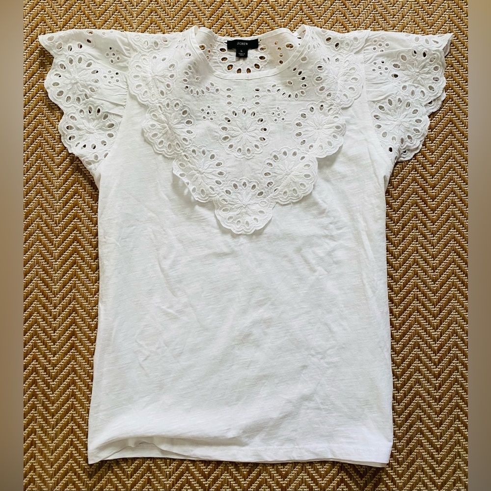 J.Crew Embroidered Eyelet Flutter-sleeve T-shirt White Size Large
